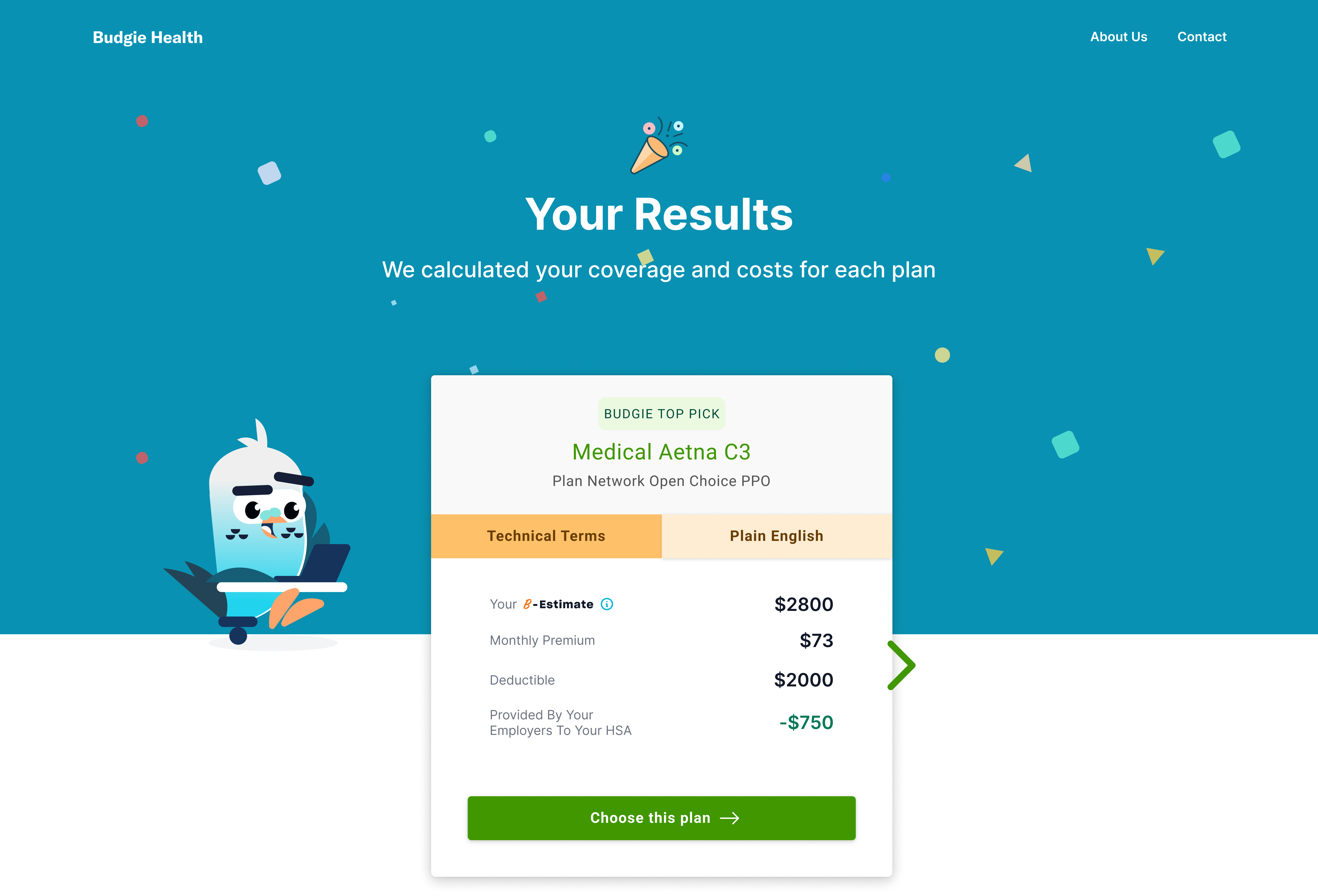 Budgie Health plan results page and comparison card designed by Liz Young