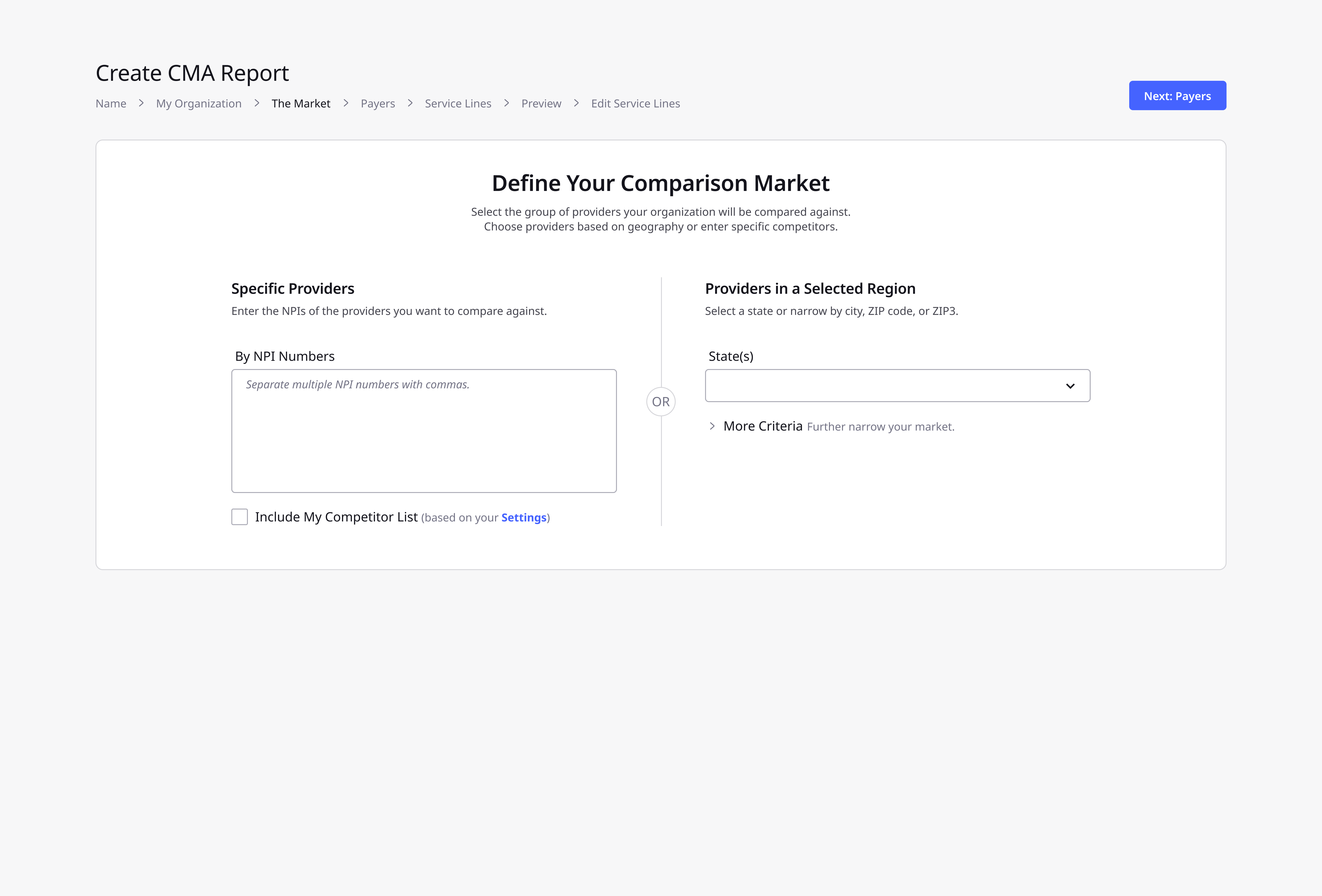 Unimplemented CMA workflow concept for defining a comparison market