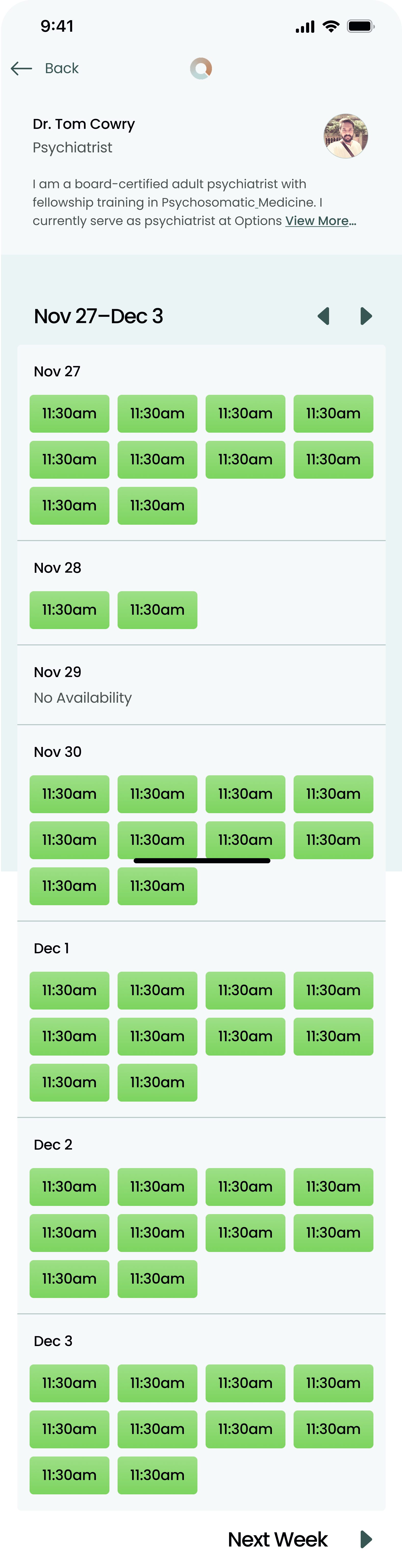 Options MD provider profile and appointment availability flow