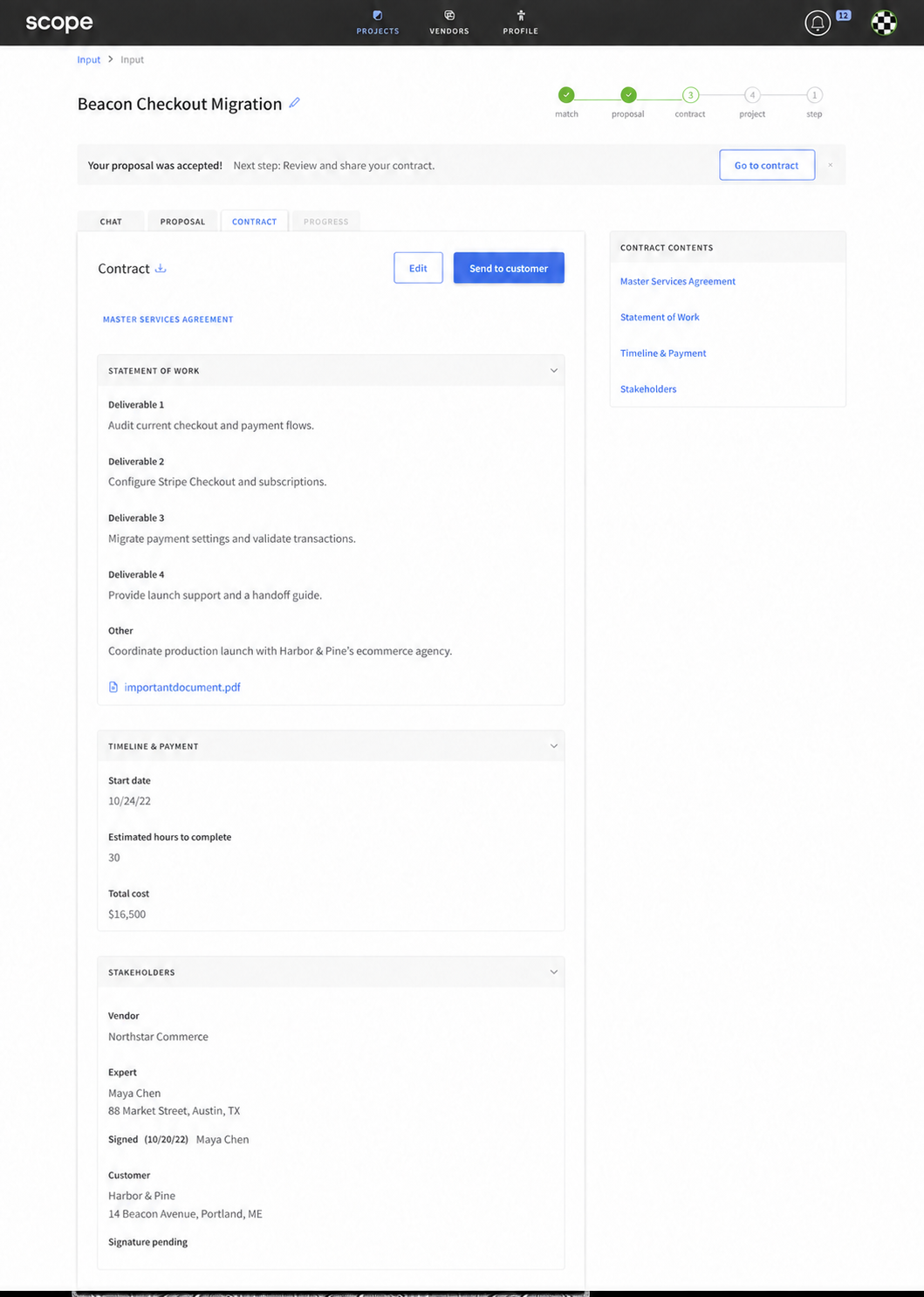 Newest Scope contract populated for the Beacon Checkout Migration project